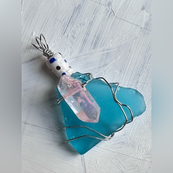 Pendant Beach Glass, Quartz, Beaded, Wire Wrapped, Handmade Art To Wear 4174 B - Picture 1 of 12